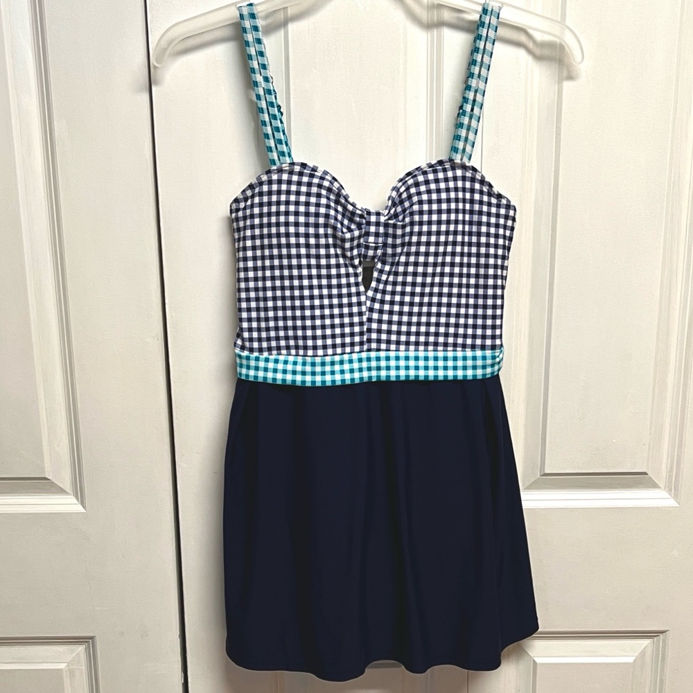 Navy Gingham Bustier Swimdress with Aqua Trim